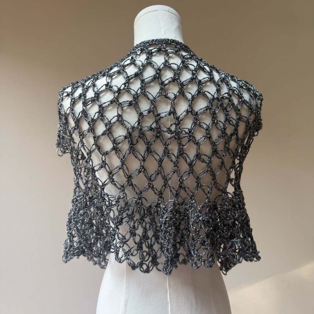 Handmade Dark Greg and Silver Metallic Crochet Open Mesh Shrug Vest